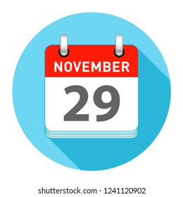 November 29 Date on a Single Day Calendar in Flat Style with long flat shadow on a blue background