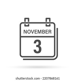 November 3, Calendar icon with shadow. Day, month. Flat vector illustration.