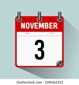 November 3, calendar icon vector illustration, isoleted on light blue background.