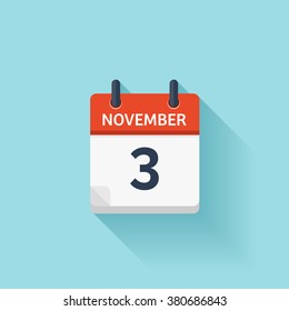 November  3. Calendar icon.Vector illustration,flat style.Date,day of month:Sunday,Monday,Tuesday,Wednesday,Thursday,Friday,Saturday.Weekend,red letter day.Calendar for 2017 year.Holidays in November