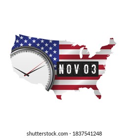 November 3 counter with american flag map. 2020 United States presidential election. Vector illustration.