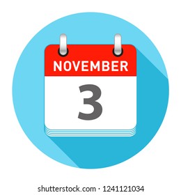 November 3 Date on a Single Day Calendar in Flat Style with long flat shadow on a blue background