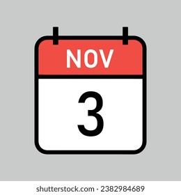 november 3, red and white color calendar page with black outline, calendar date vector illustration