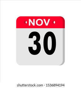 November 30 - Calendar Icon. Calendar Icon with shadow. Flat style. Date, day and month. Reminder. Vector illustration. Organizer application, app symbol. Ui. User interface sign.