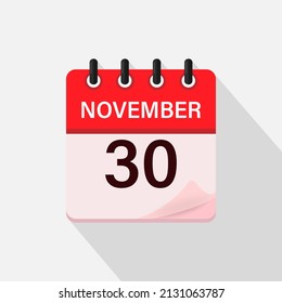 November 30, Calendar icon with shadow. Day, month. Flat vector illustration.
