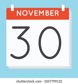 November 30. Calendar icon. Vector illustration in flat design isolated in blue background. Date and time, day, month.