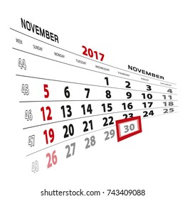 November 30, highlighted on 2017 calendar. Week starts from Sunday. Vector Illustration.