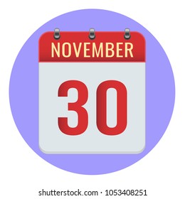November 30. Vector flat daily calendar icon. Date and time, day, month 2018. Holiday. Season.