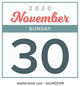 November 30th, 2020. Calendar day icon. Red and grey color.