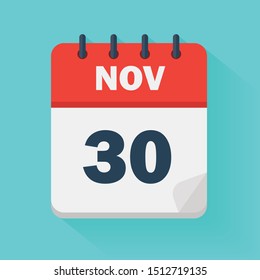November 30th. Daily calendar icon in vector format.  Date, time, day, month. Holidays