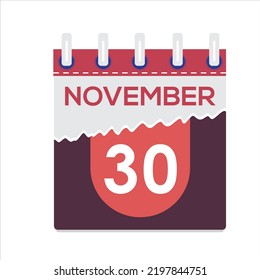 30 de noviembre. Icono de calendario diario plano vectorial. Fecha y hora, día, mes. Vacaciones. Temporada. Fondo blanco
