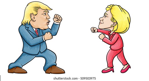 November 4, 2016: Caricature character illustration of Hillary Clinton and Donald Trump