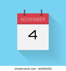 November 4, Daily calendar icon, Date and time, day, month, Holiday, Flat designed Vector Illustration