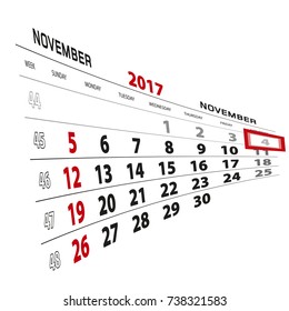 November 4, highlighted on 2017 calendar. Week starts from Sunday. Vector Illustration.