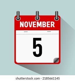 5 de noviembre, ilustración vectorial de icono de calendario, aislada en fondo azul claro.