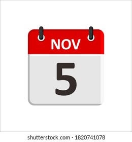 November 5 Calendar Icon. Calendar Icon with white background. Flat style. Date, day and month.