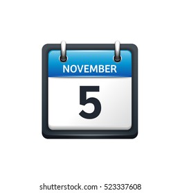 November 5. Calendar icon.Vector illustration,flat style.Month and date.Sunday,Monday,Tuesday,Wednesday,Thursday,Friday,Saturday.Week,weekend,red letter day. 2017,2018 year.Holidays.