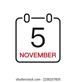 November 5 date on the calendar, vector line stroke icon for user interface. Calendar with date, vector illustration.