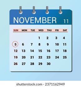 November 5. Flat icon calendar isolated on blue background. Date and month vector illustration
