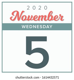 November 5th, 2020. Calendar day icon. Red and grey color.