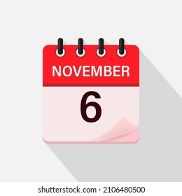 November 6, Calendar icon with shadow. Day, month. Flat vector illustration.