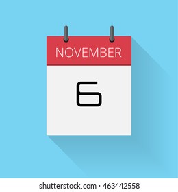 November 6, Daily calendar icon, Date and time, day, month, Holiday, Flat designed Vector Illustration