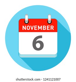 November 6 Date on a Single Day Calendar in Flat Style with long flat shadow on a blue background