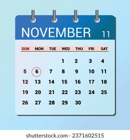 November 6. Flat icon calendar isolated on blue background. Date and month vector illustration
