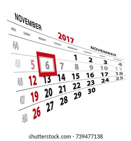 November 6, highlighted on 2017 calendar. Week starts from Sunday. Vector Illustration.