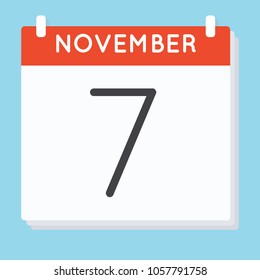 November 7. Calendar icon. Vector illustration in flat design isolated in blue background. Date and time, day, month.