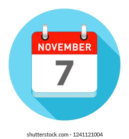 November 7 Date on a Single Day Calendar in Flat Style with long flat shadow on a blue background