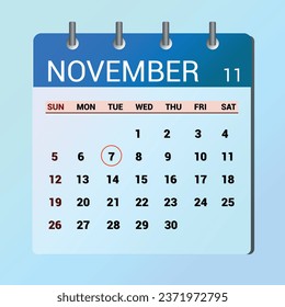 7 de noviembre. Calendario de icono plano aislado en fondo azul. Ilustración vectorial de fecha y mes