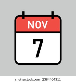 november 7, red and white color calendar page with black outline, calendar date vector illustration