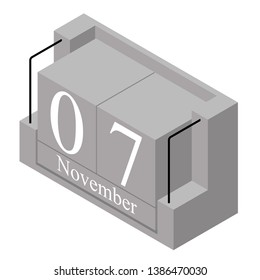 November 7th date on a single day calendar. Gray wood block calendar present date 7 and month November isolated on white background. Holiday. Season. Vector isometric illustration