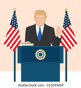 November 8, 2016: Vector Illustration Of The President Of The USA Donald Trump Who Is Taking An Oath Of Office. 