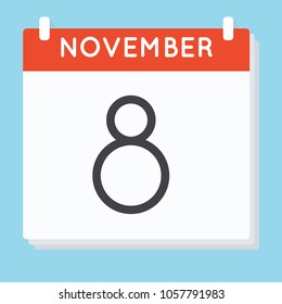November 8. Calendar icon. Vector illustration in flat design isolated in blue background. Date and time, day, month.