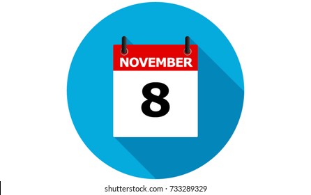 november 8 calendar vector flat icon with long shadow