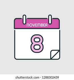 November 8.  Flat icon calendar isolated on gray background. Vector illustration.