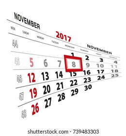 November 8, highlighted on 2017 calendar. Week starts from Sunday. Vector Illustration.