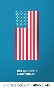 November 8th, vote day in US, Flag United States of America on blue background. Vector illustration, banner, 2016. 