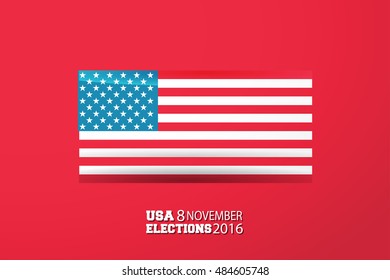 November 8th, vote day in US, Flag United States of America on red background. Vector illustration, banner, 2016. 