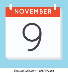 November 9. Calendar icon. Vector illustration in flat design isolated in blue background. Date and time, day, month.
