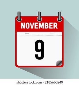 November 9, calendar icon vector illustration, isoleted on light blue background.