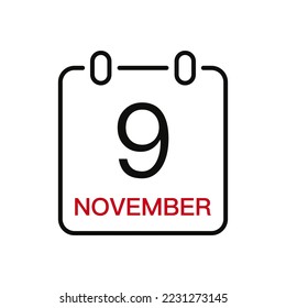 November 9 date on the calendar, vector line stroke icon for user interface. Calendar with date, vector illustration.