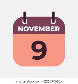 November 9 flat daily spiral calendar icon date vector image in matching color scheme. Suitable and perfect for design material, such as event or reminder.