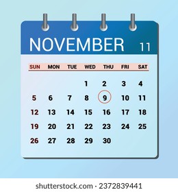 November 9. Flat icon calendar isolated on blue background. Date and month vector illustration