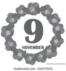 November 9 icon. For planning important day. Banner for holidays and special days. Vector illustration in black and white colors.