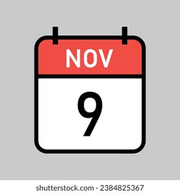 november 9, red and white color calendar page with black outline, calendar date vector illustration