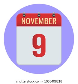 November 9. Vector flat daily calendar icon. Date and time, day, month 2018. Holiday. Season.