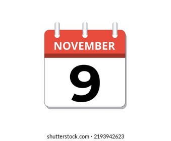 November, 9th calendar icon vector, concept of schedule, business and tasks